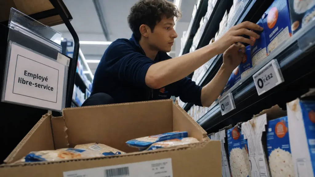 Mise en rayon metier : employé en supermarché, cartons et facing