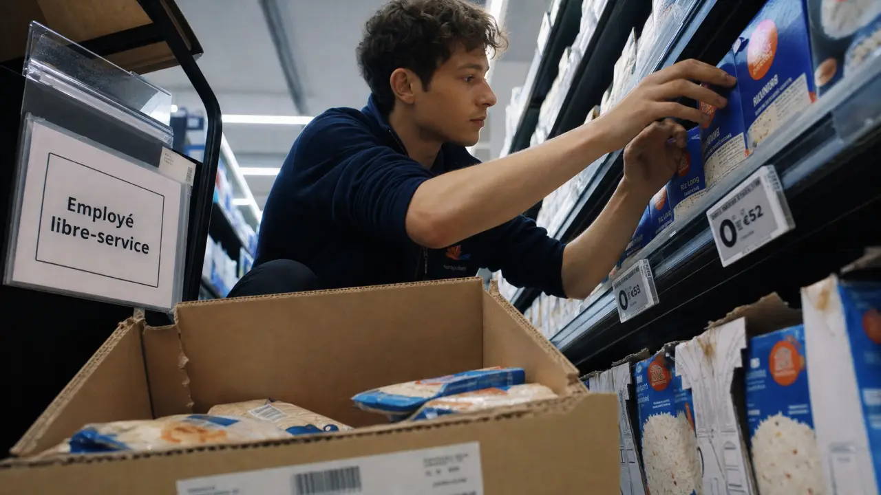 Mise en rayon metier : employé en supermarché, cartons et facing