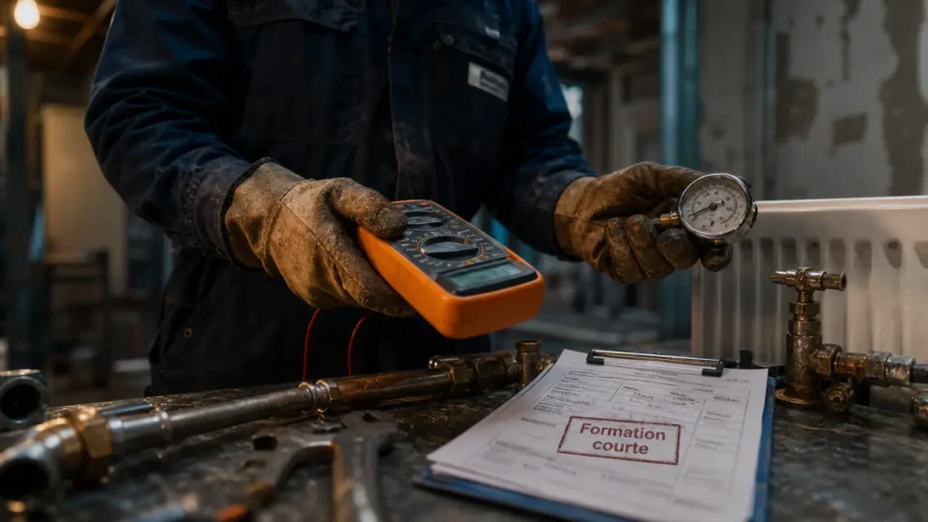 Offre d'emploi 3000 euros net sans diplome : plombier sur chantier, outils et manomètre