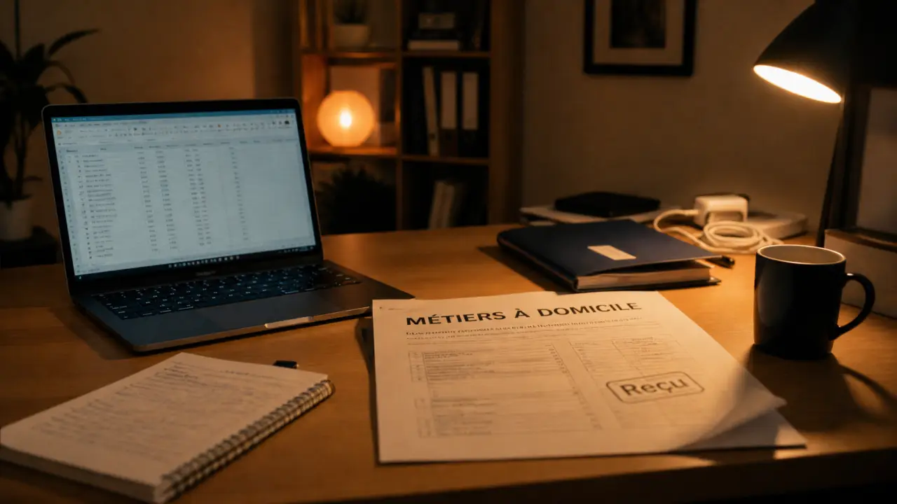 Metier a domicile sans diplome : bureau à la maison avec ordinateur et documents