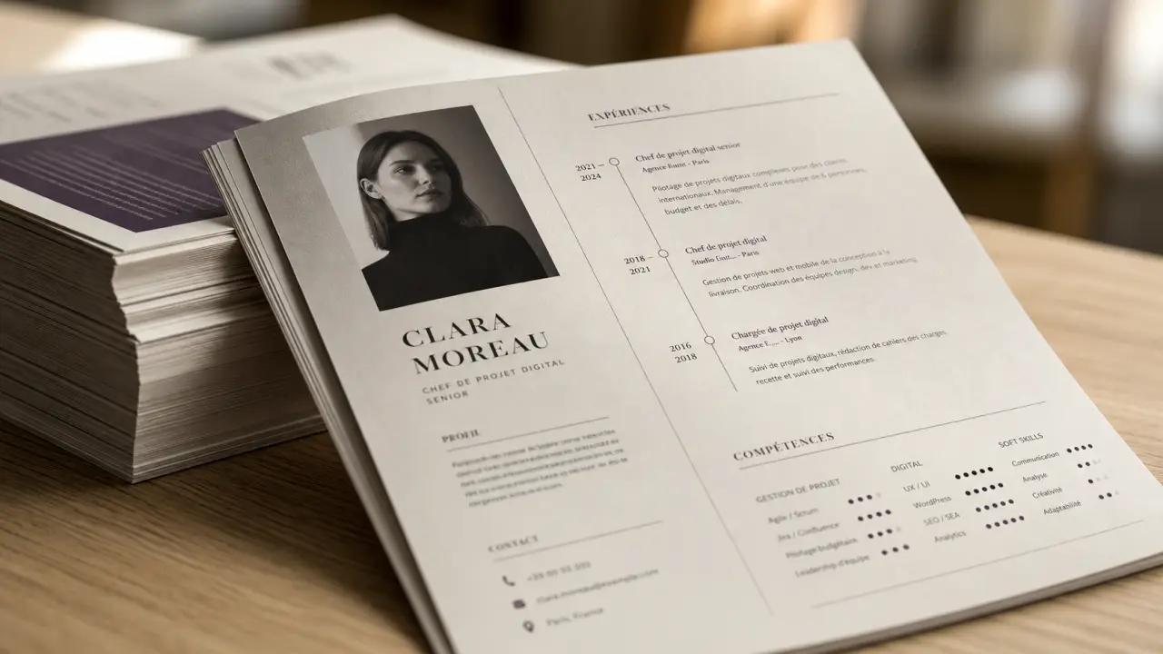 cv original exemple : CV imprimés sur table en bois
