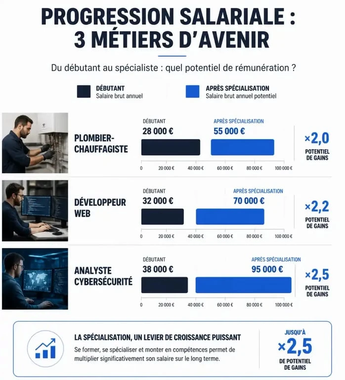 Infographie comparant le salaire moyen et le potentiel de gain pour les métiers de plombier, développeur web et analyste cybersécurité sans diplôme.