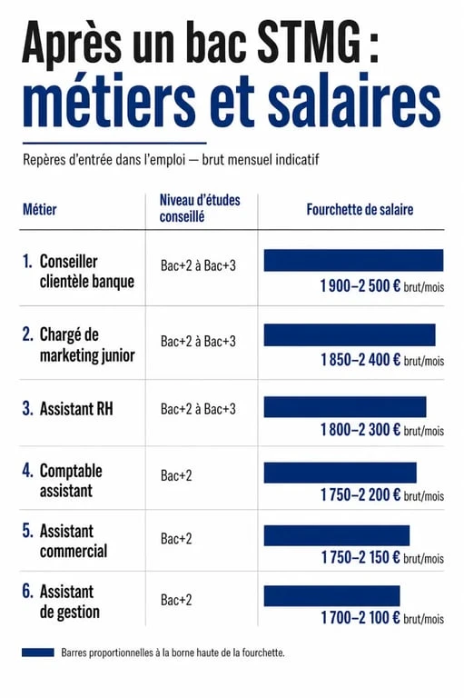 STMG métier salaire : tableau comparatif des métiers accessibles après un bac STMG et des salaires indicatifs