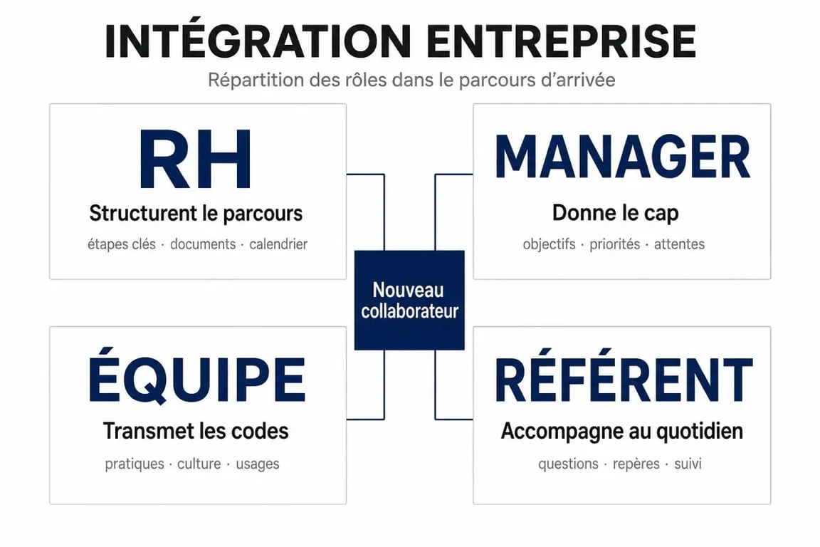 Intégration entreprise : répartition des rôles entre RH, manager, équipe et référent