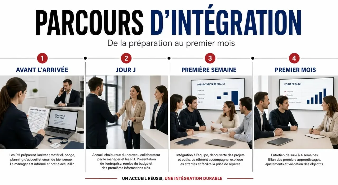 Intégration entreprise : frise visuelle des étapes avant l’arrivée, jour J, première semaine et premier mois