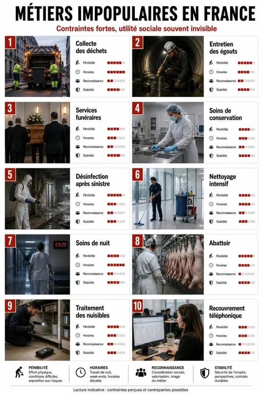 Top 10 des métiers que personne ne veut faire : visuel comparatif des contraintes et des atouts