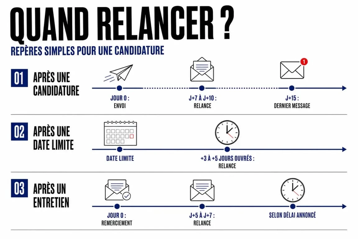 Relance mail candidature illustrée par une chronologie des délais recommandés après candidature et après entretien