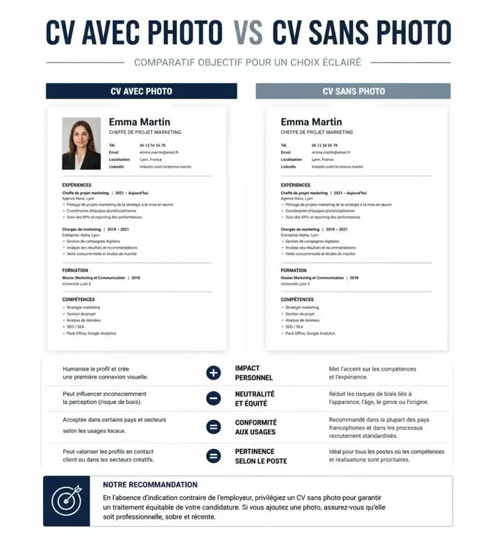 Tableau comparatif des avantages d'un CV sans photo pour le recrutement