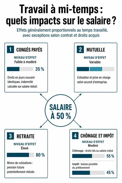 Travail à mi temps salaire : impacts sur congés, mutuelle, retraite, chômage et impôt