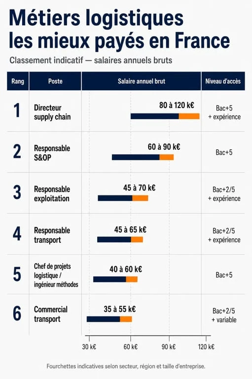 Infographie sur le métier logistique bien payé avec classement des postes les mieux rémunérés