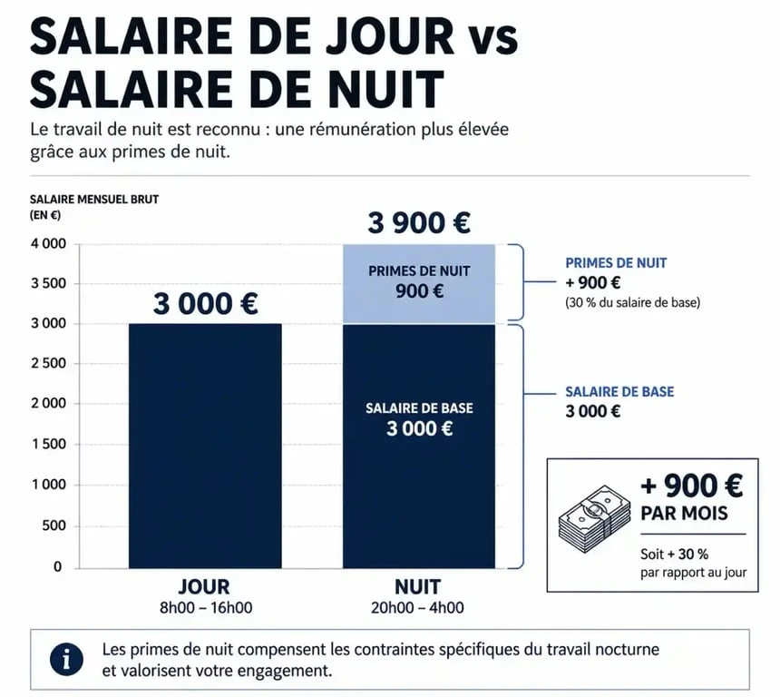 Graphique comparatif des salaires avec travail de nuit bien payé