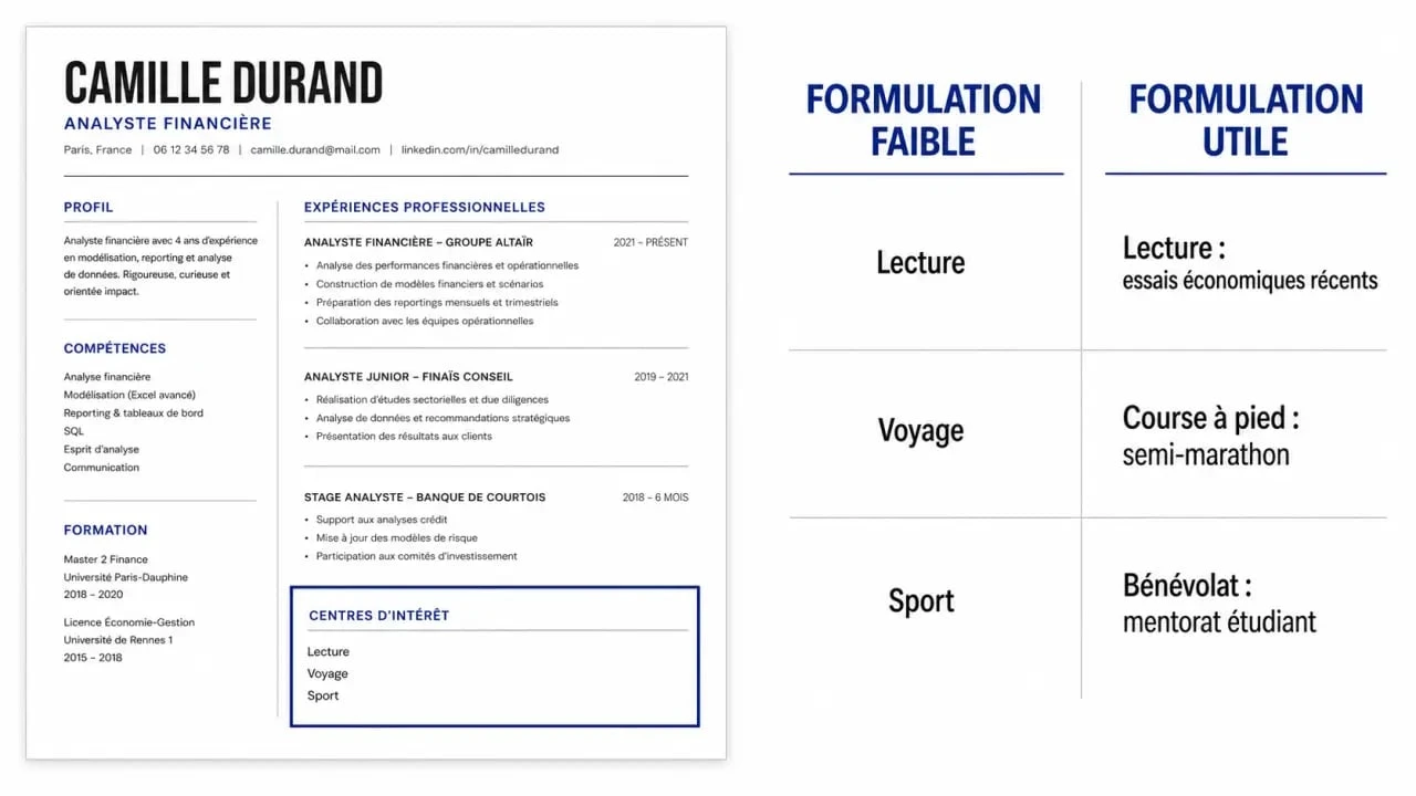 Centre d intérêt cv : exemple visuel d’une rubrique de CV avec formulations faibles et formulations utiles