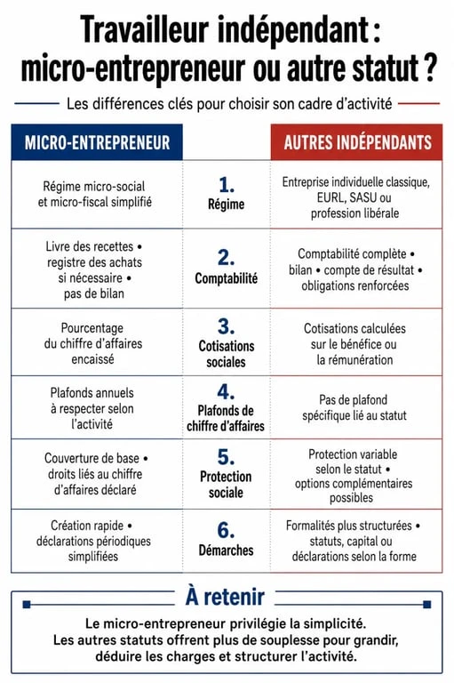 Travailleur indépendant ou auto entrepreneur : infographie comparative des différences de statut, cotisations et démarches
