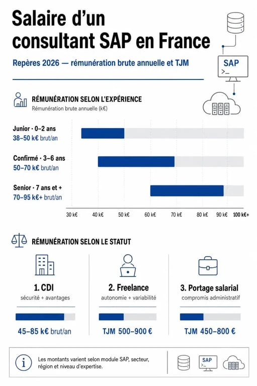 Infographie sur le consultant sap salaire en France avec comparatif junior, confirmé, senior, CDI, freelance et portage