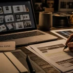Freelance graphiste emploi : portfolio trié sur table, ordinateur et tablette graphique