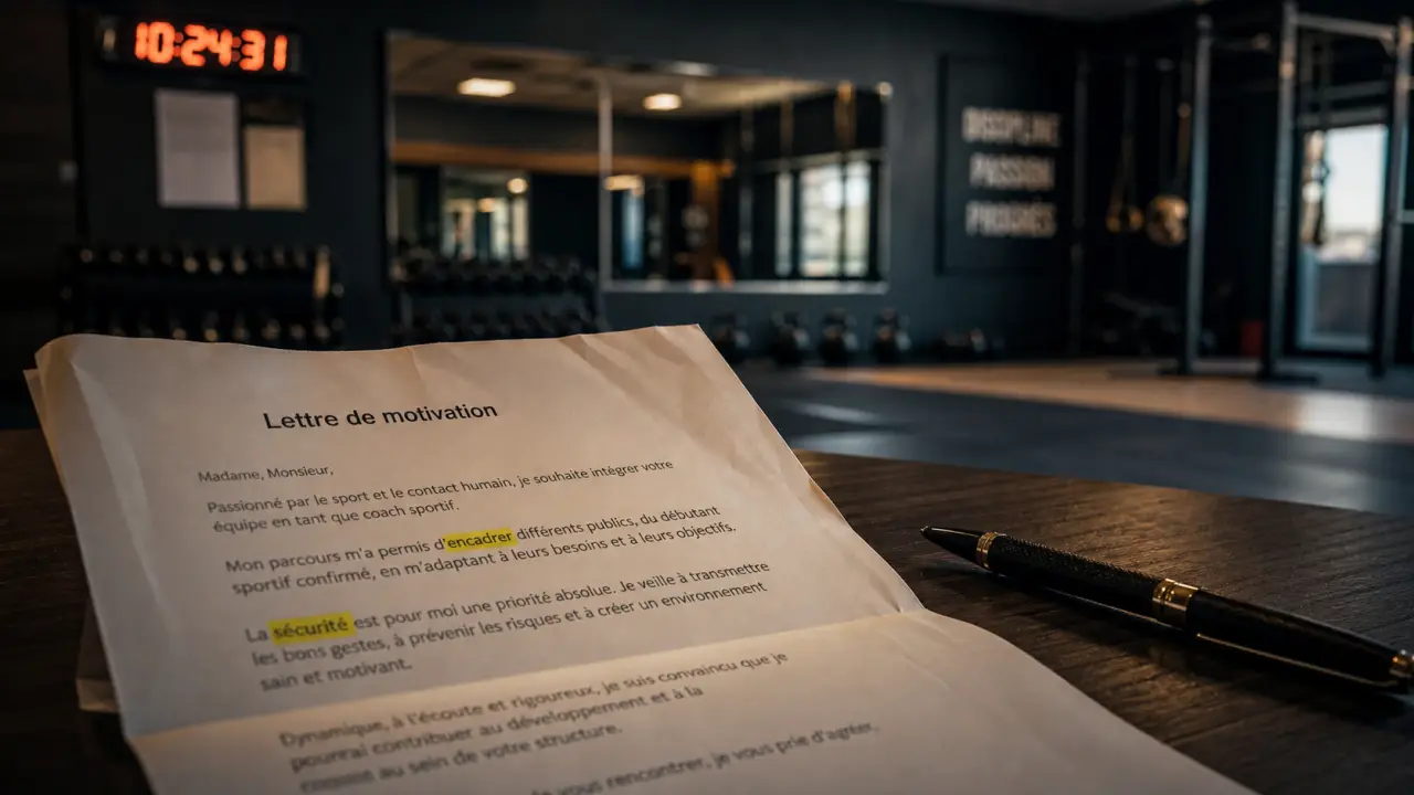 Lettre de motivation sportif sur bureau, coach et salle de sport