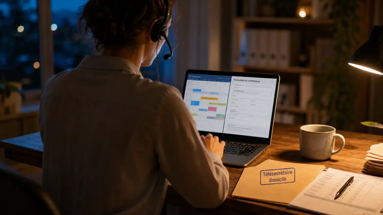 Télésecrétaire à domicile offre emploi : télésecrétaire avec casque et agenda sur ordinateur portable