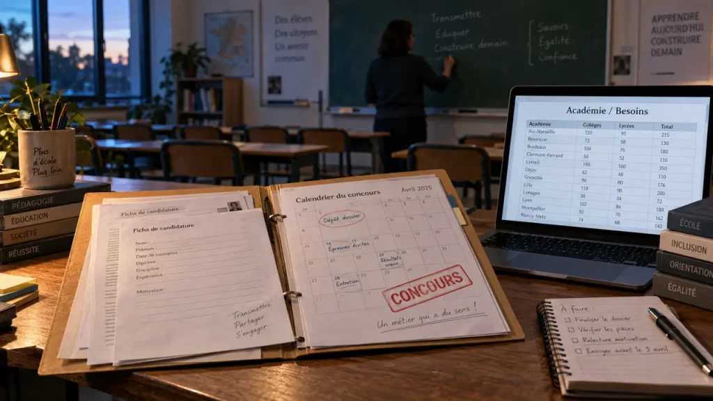 Devenir prof après expérience professionnelle : dossier concours sur bureau, classe en arrière-plan