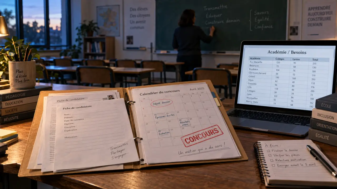 Devenir prof après expérience professionnelle : dossier concours sur bureau, classe en arrière-plan