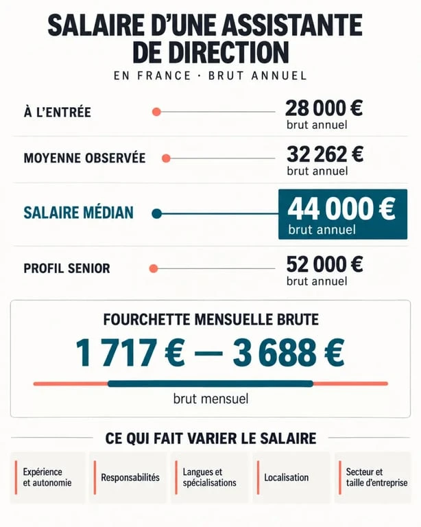 Infographie sur le salaire d'une assistante de direction en France selon l'expérience, les responsabilités et le secteur