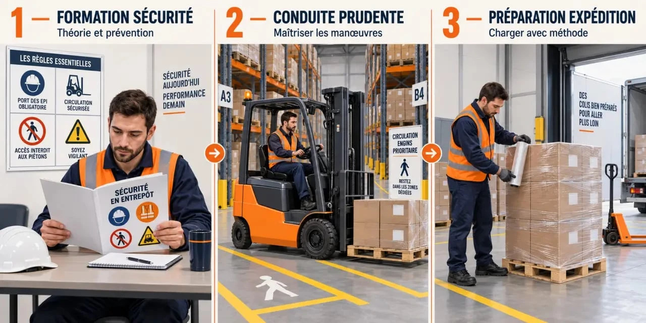 Illustration des étapes pour devenir cariste, de la formation à la conduite sécurisée en entrepôt