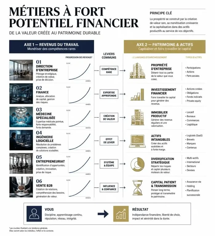 Infographie sur les métiers pour devenir riche, les revenus élevés et la construction du patrimoine