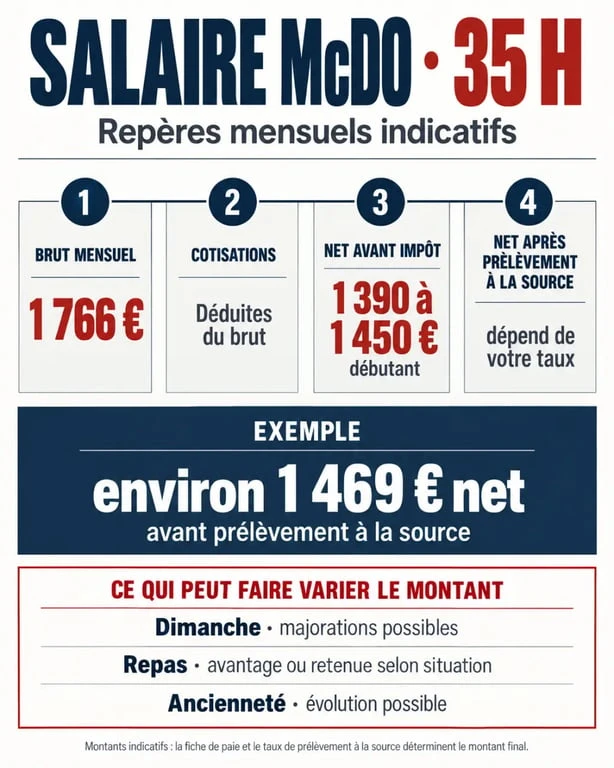 Infographie sur le salaire McDo 35h du brut au net avec les majorations et avantages
