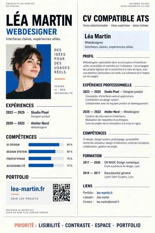 Infographie présentant la structure d’un CV webdesigner visuel et compatible ATS