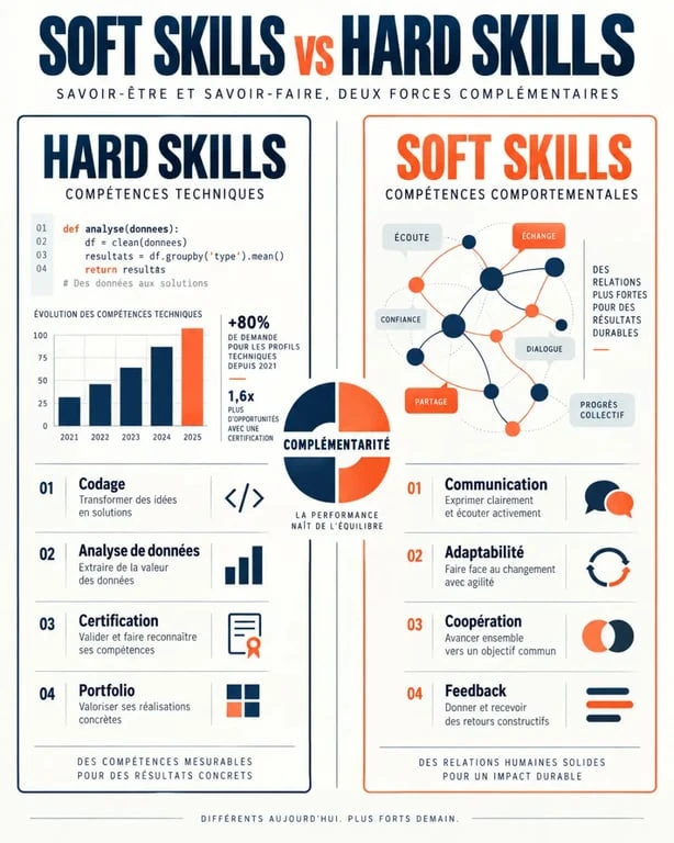 Infographie comparative soft skills vs hard skills et exemples de compétences professionnelles