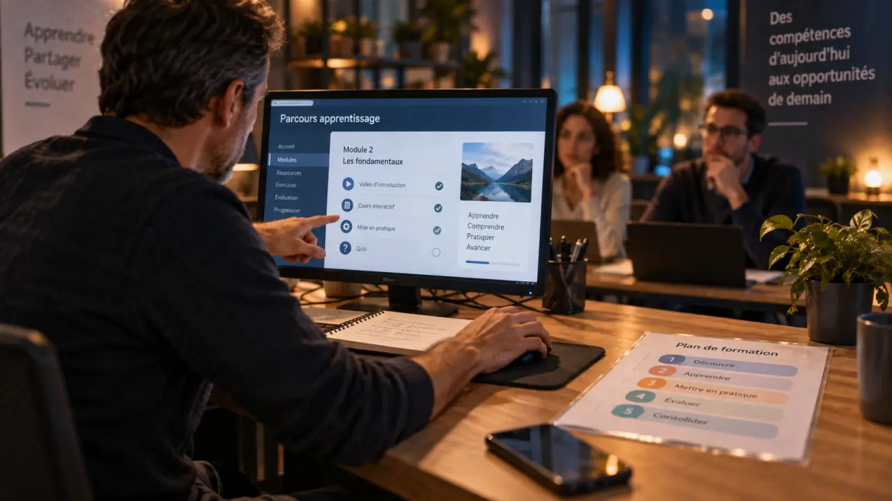 Formateur informatique en salle de formation, plan de parcours apprentissage