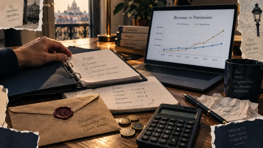Métier pour devenir riche : revenus vs patrimoine, classeur et calculatrice