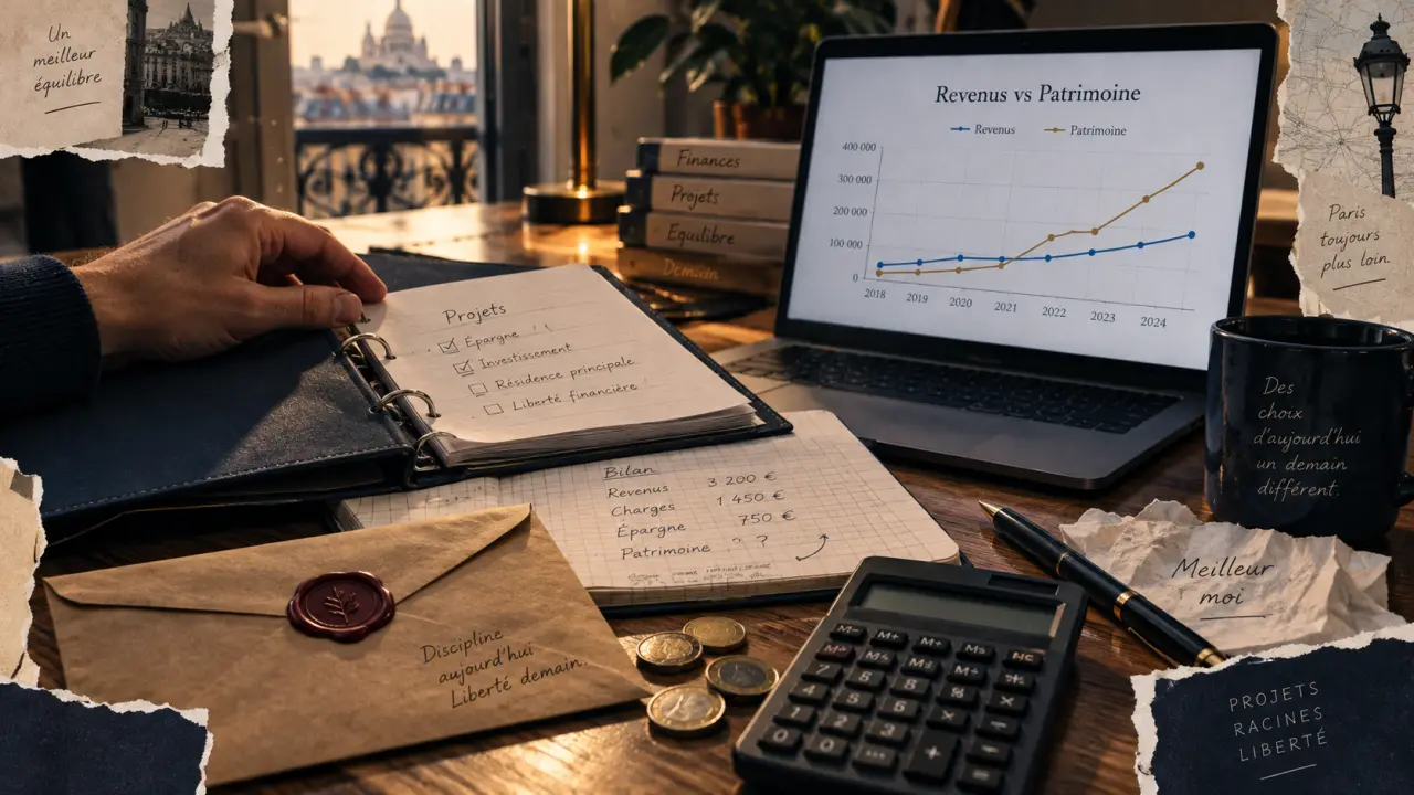 Métier pour devenir riche : revenus vs patrimoine, classeur et calculatrice