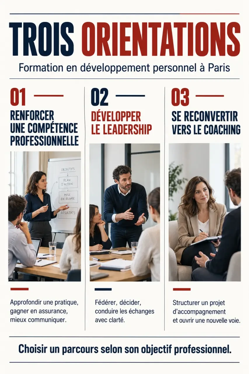 Infographie des parcours de formation développement personnel Paris selon l'objectif professionnel