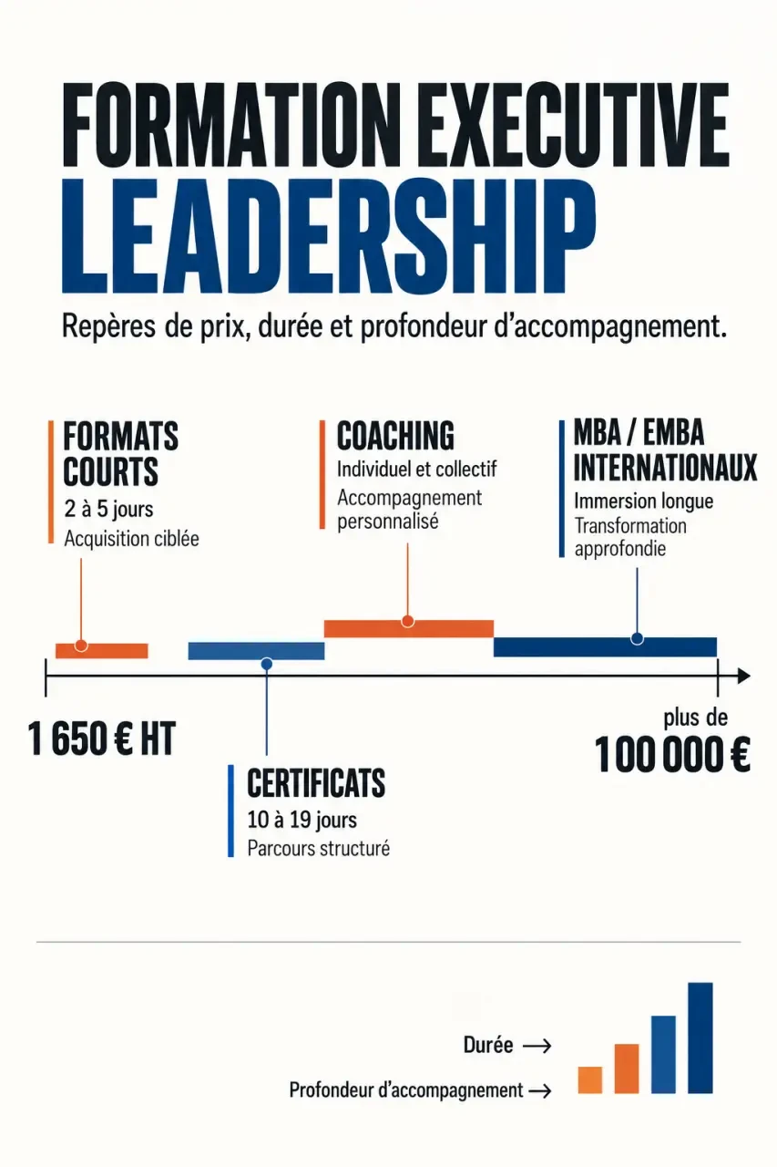 Infographie sur le prix formation executive leadership pro selon le format et la durée