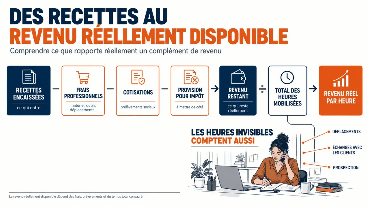 Infographie sur le calcul d'un complément de revenu net après les frais, cotisations, impôts et heures mobilisées