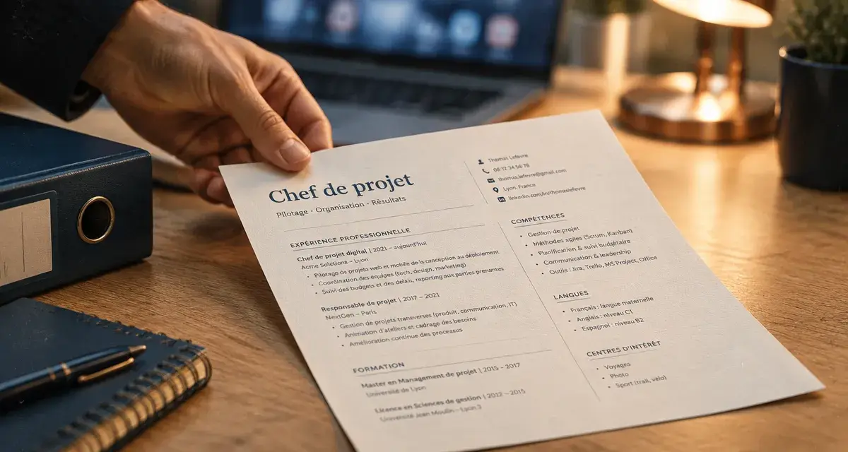 Exemple titre CV : Chef de projet, CV imprimé sur bureau